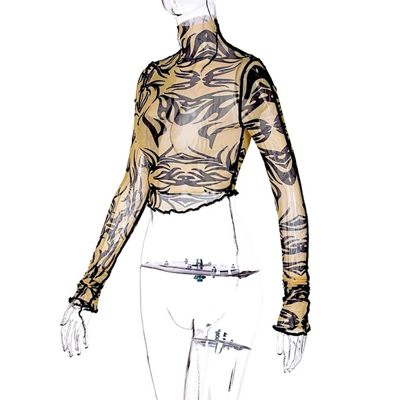 Tan mesh tribal striped long sleeve top - Picture 7 of 14